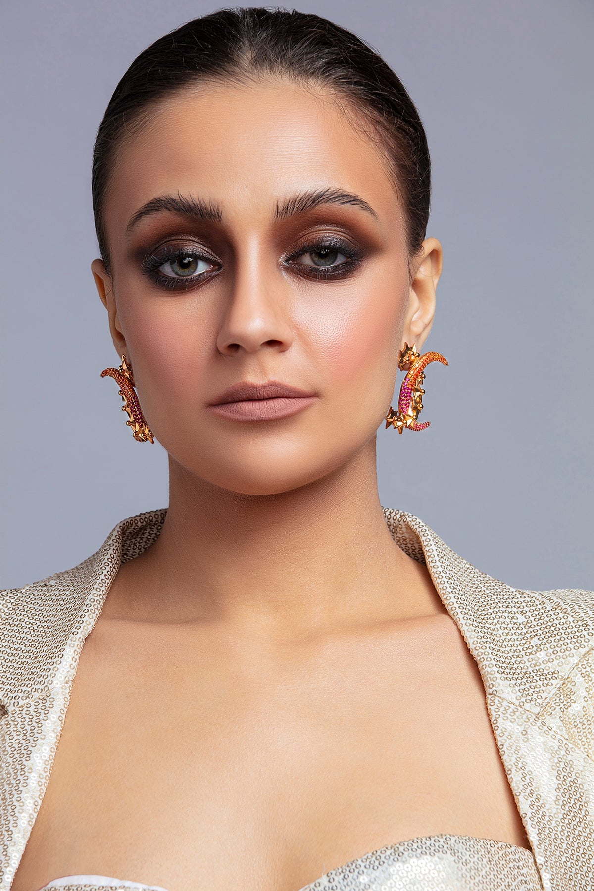 Gold Finish Stud Earrings With Crystal Crescents
