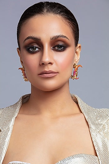 Gold Finish Stud Earrings With Crystal Crescents