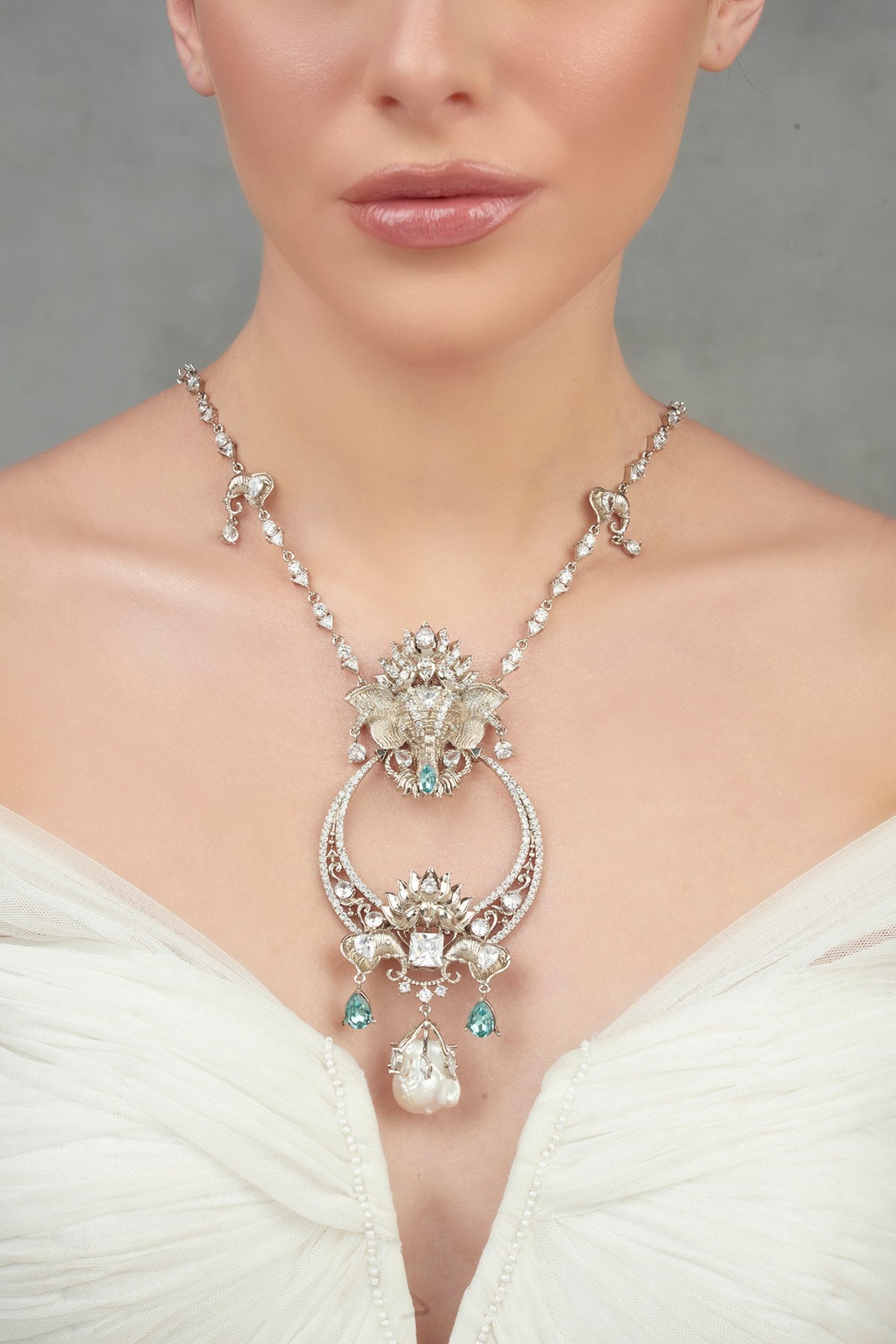 White Plated Motifs & Swarovski Necklace