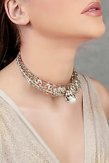 White Plated Swarovski & Baroque Pearls Necklace