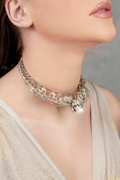 White Plated Swarovski & Baroque Pearls Necklace