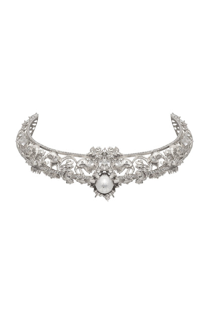 White Plated Swarovski & Baroque Pearls Necklace