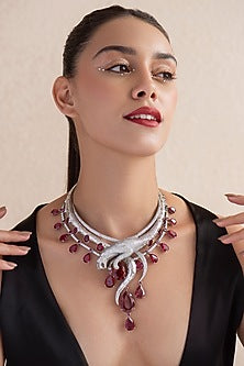 White Finish Red Swarovski Long Necklace In Sterling Silver
