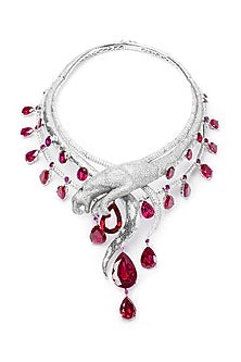 White Finish Red Swarovski Long Necklace In Sterling Silver