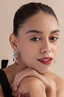 White Finish Red Swarovski Dangler Earrings In Sterling Silver
