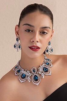 White Finish Blue Swarovski Necklace In Sterling Silver