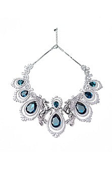 White Finish Blue Swarovski Necklace In Sterling Silver