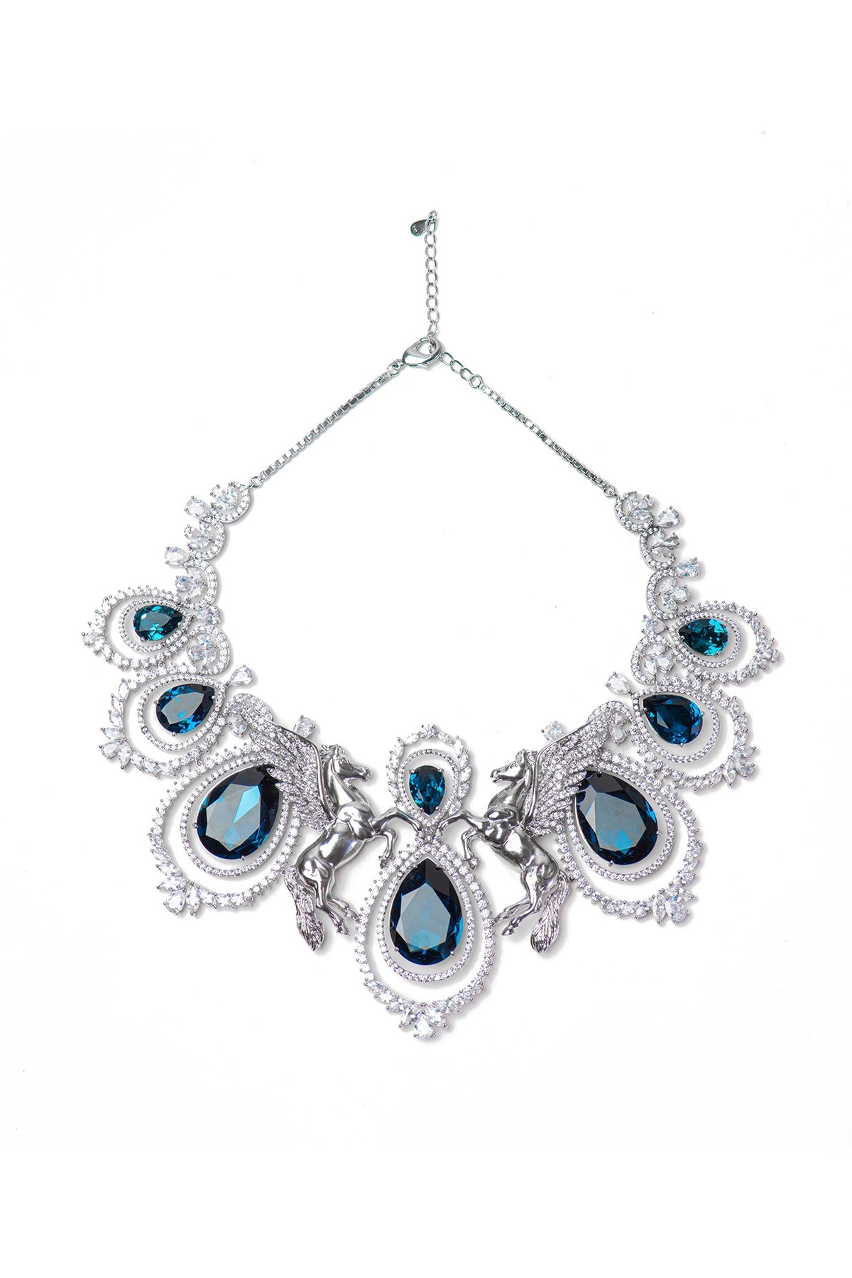 White Finish Blue Swarovski Necklace In Sterling Silver