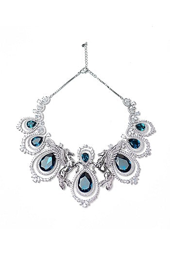 White Finish Blue Swarovski Necklace In Sterling Silver