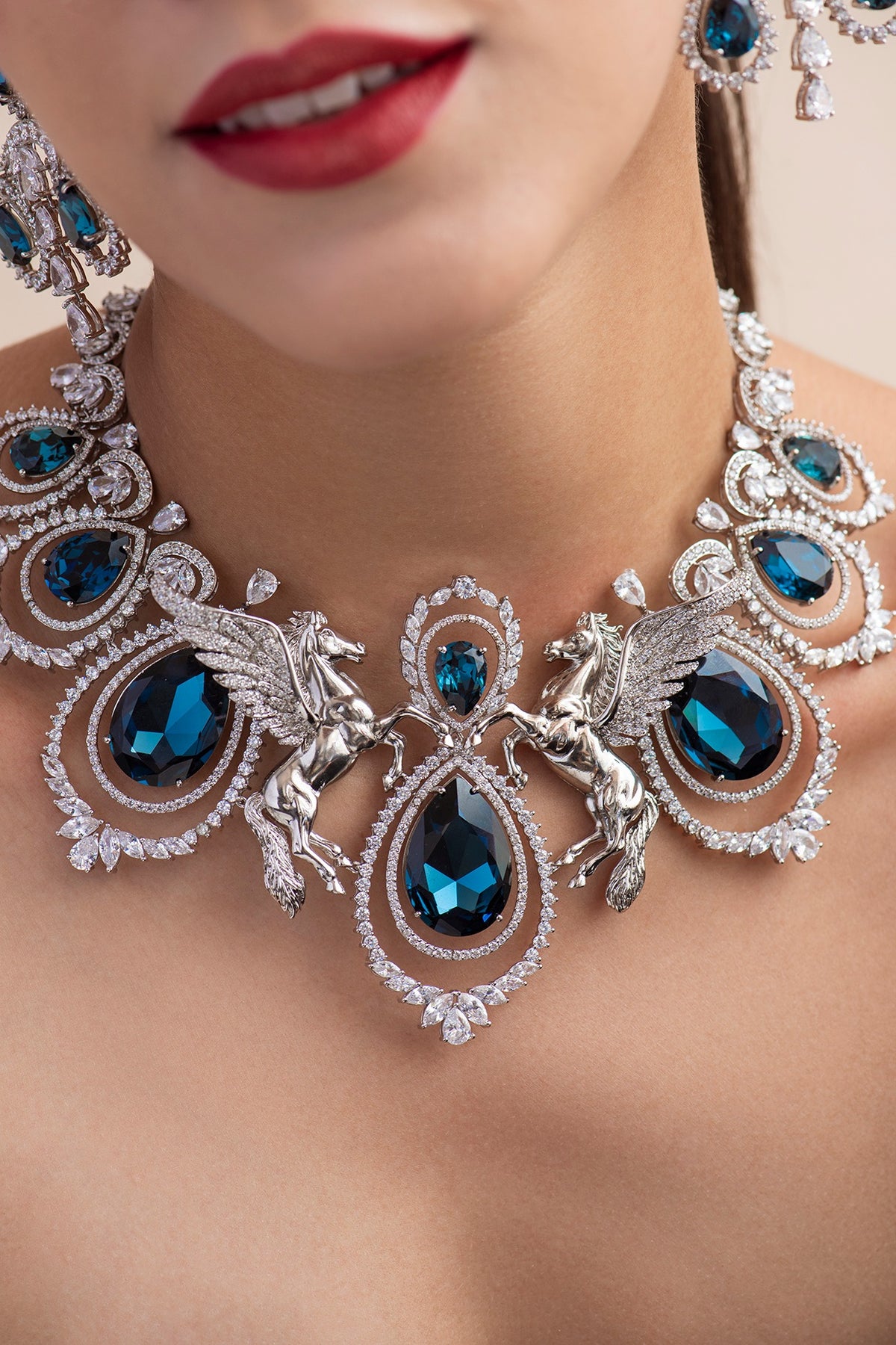 White Finish Blue Swarovski Necklace In Sterling Silver