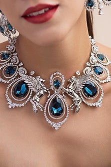White Finish Blue Swarovski Necklace In Sterling Silver