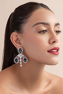 White Finish Blue Swarovski Dangler Earrings In Sterling Silver