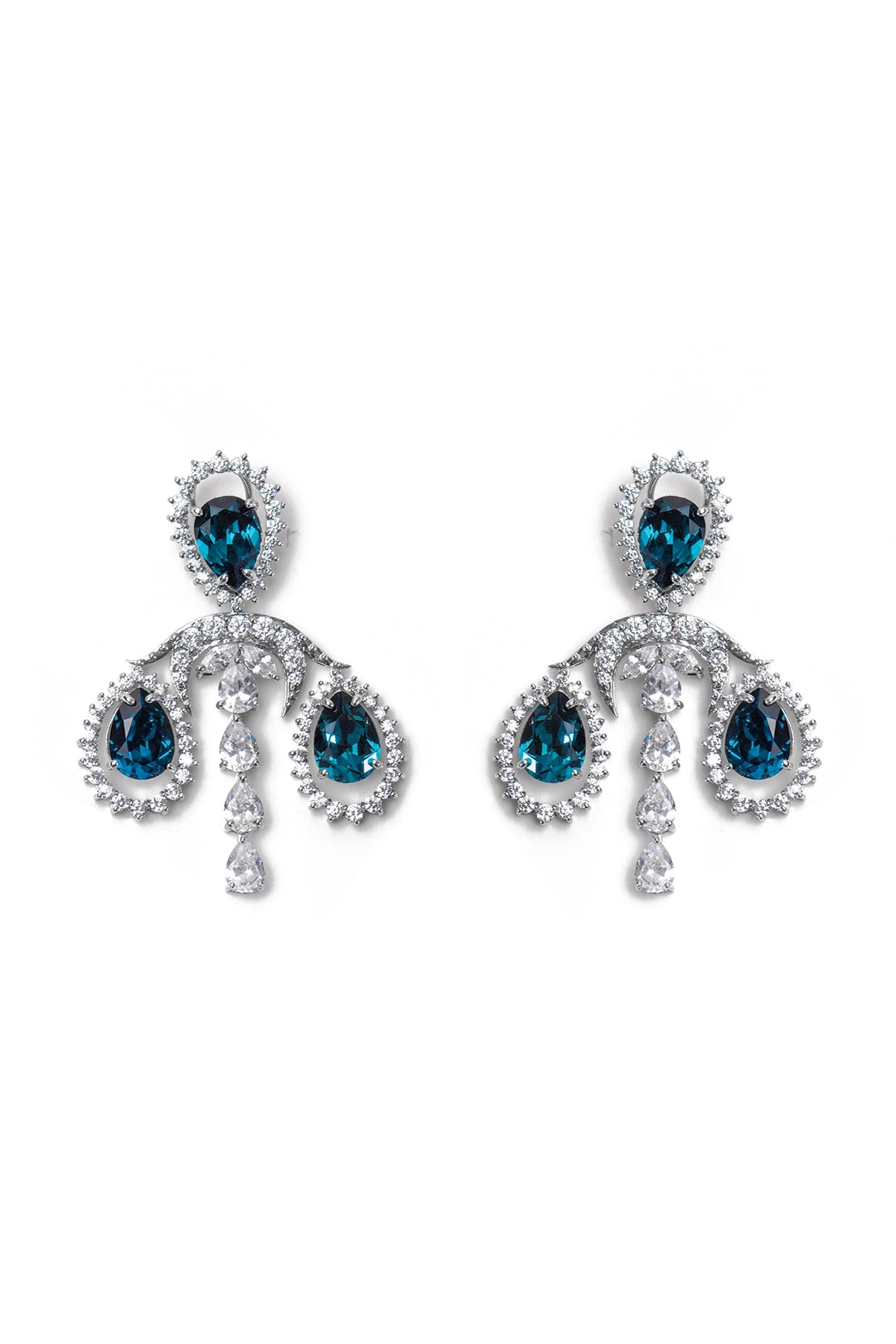 White Finish Blue Swarovski Dangler Earrings In Sterling Silver