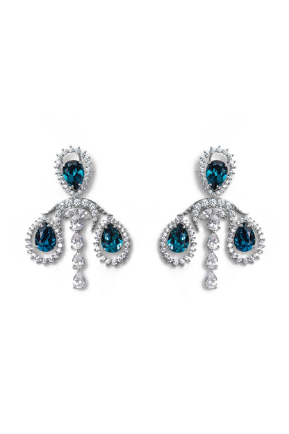 White Finish Blue Swarovski Dangler Earrings In Sterling Silver