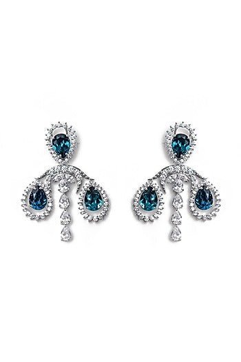 White Finish Blue Swarovski Dangler Earrings In Sterling Silver