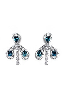 White Finish Blue Swarovski Dangler Earrings In Sterling Silver