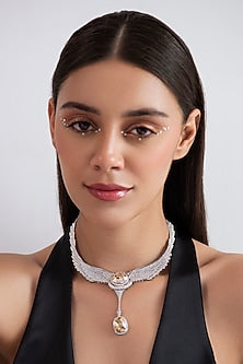 White Finish Champagne Swarovski Long Necklace In Sterling Silver