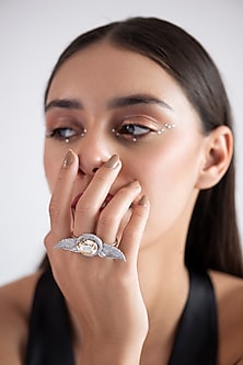 White Finish Champagne Swarovski Ring In Sterling Silver