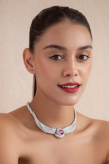 White Finish Pink Swarovski Necklace In Sterling Silver