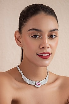 White Finish Pink Swarovski Necklace In Sterling Silver