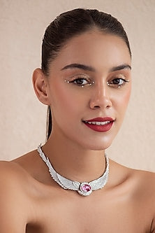White Finish Pink Swarovski Necklace In Sterling Silver