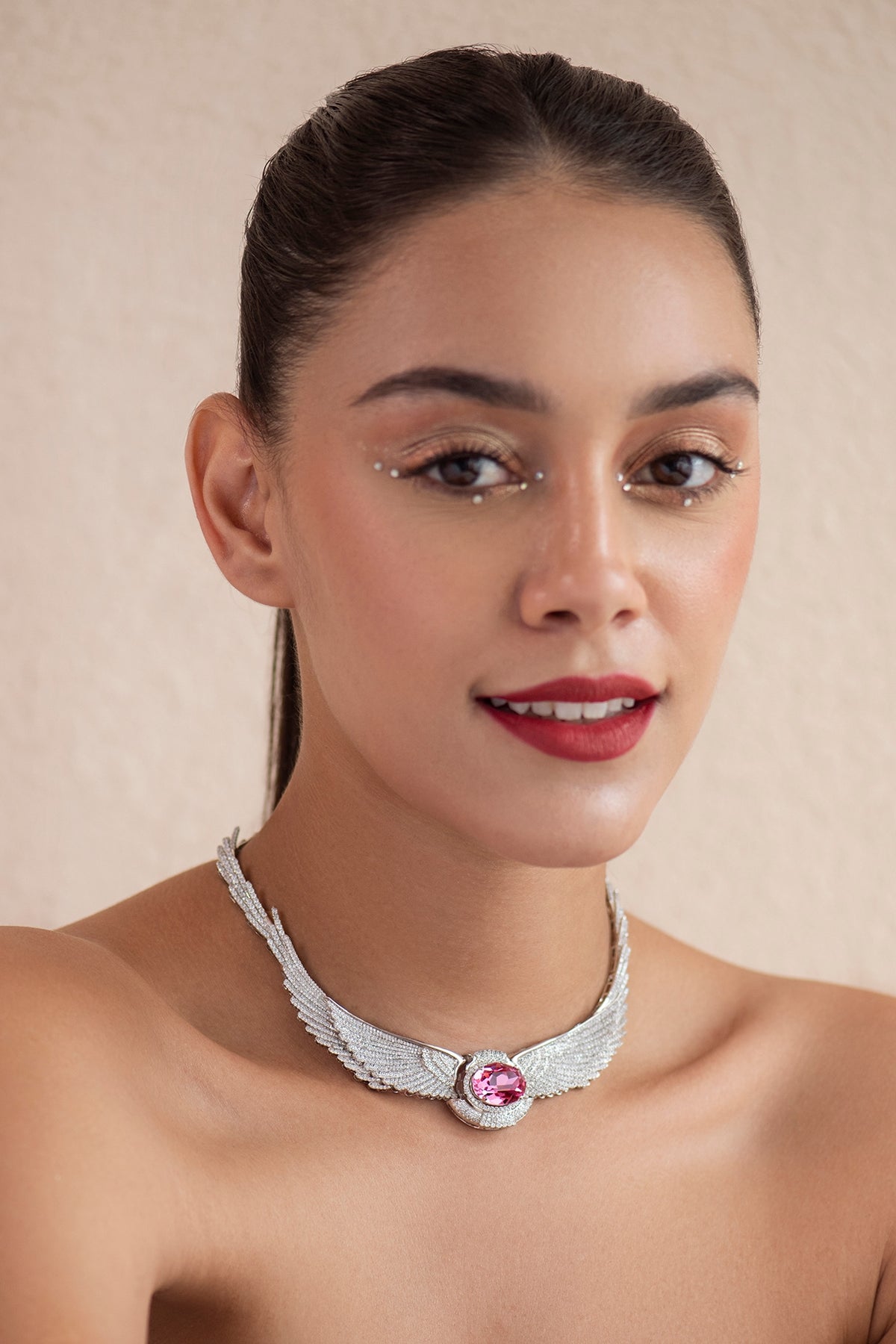 White Finish Pink Swarovski Necklace In Sterling Silver
