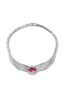 White Finish Pink Swarovski Necklace In Sterling Silver