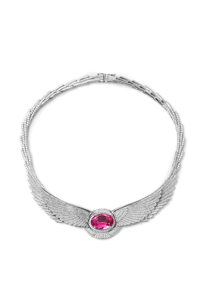 White Finish Pink Swarovski Necklace In Sterling Silver