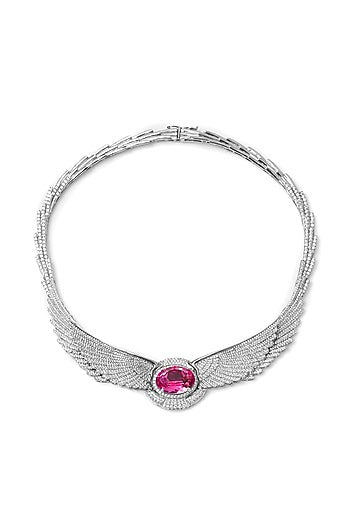 White Finish Pink Swarovski Necklace In Sterling Silver
