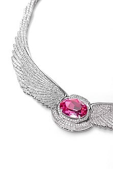 White Finish Pink Swarovski Necklace In Sterling Silver