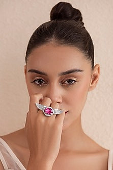 White Finish Pink Swarovski Ring In Sterling Silver