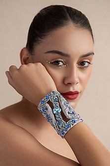 White Finish Aqua Swarovski Cuff In Sterling Silver