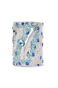White Finish Aqua Swarovski Cuff In Sterling Silver