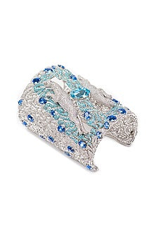 White Finish Aqua Swarovski Cuff In Sterling Silver