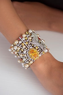 White Finish Yellow Swarovski Bracelet In Sterling Silver