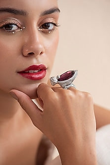 White Finish Purple Swarovski Ring In Sterling Silver