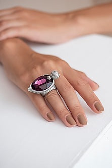 White Finish Purple Swarovski Ring In Sterling Silver