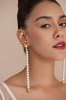 Gold Plated Swarovski Pearl Dangler Earrings In Sterling Silver