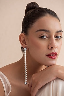 White Finish Swarovski Pearl Dangler Earrings In Sterling Silver