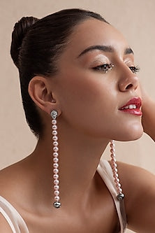 White Finish Pink Swarovski Pearl Dangler Earrings In Sterling Silver