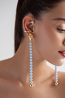Gold Plated Blue Swarovski Pearl Horse Face Ear Cuff In Sterling Silver