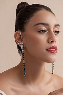 White Finish Green Swarovski Stone Horse Face Ear Cuff In Sterling Silver