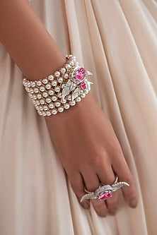 White Finish Swarovski Crystal & Pearl Handcuff In Sterling Silver