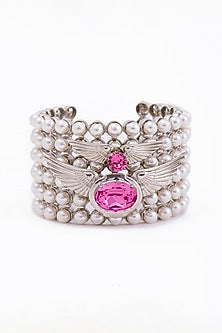 White Finish Swarovski Crystal & Pearl Handcuff In Sterling Silver