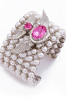 White Finish Swarovski Crystal & Pearl Handcuff In Sterling Silver