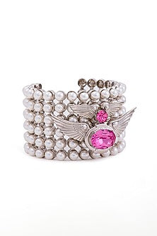 White Finish Swarovski Crystal & Pearl Handcuff In Sterling Silver