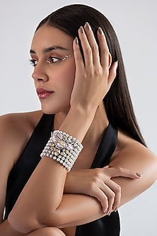 White Finish Swarovski Crystal & Pearl Handcuff In Sterling Silver