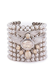 White Finish Swarovski Crystal & Pearl Handcuff In Sterling Silver