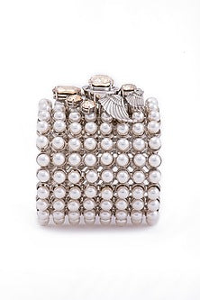 White Finish Swarovski Crystal & Pearl Handcuff In Sterling Silver