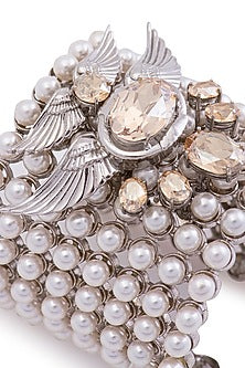 White Finish Swarovski Crystal & Pearl Handcuff In Sterling Silver